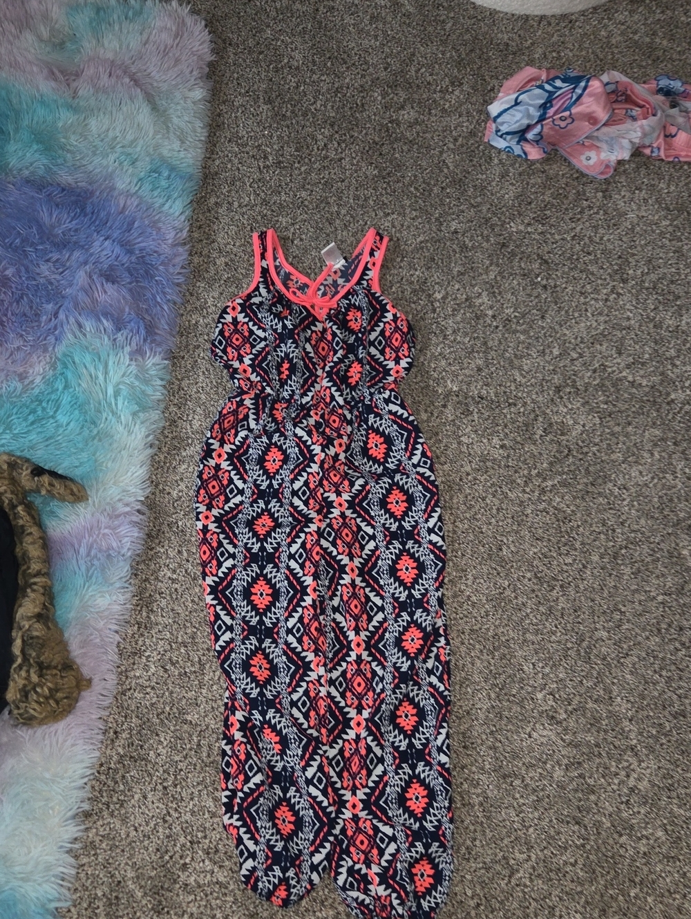 Zumiez Navy and Neon Coral Tribal Print Romper